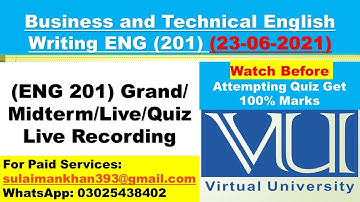 Business and Technical English Writing (ENG 201 ) Grand/Midterm/Live Quiz MCQS Spring 2021l VU