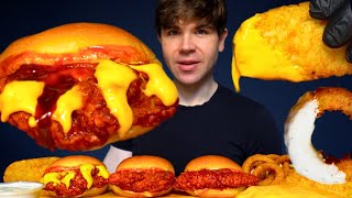 ASMR MUKBANG CHEESY 2X FIRE SPICY CHICKEN SANDWICHES ONION RINGS & HASH BROWNS | WITH CHEESE + RANCH