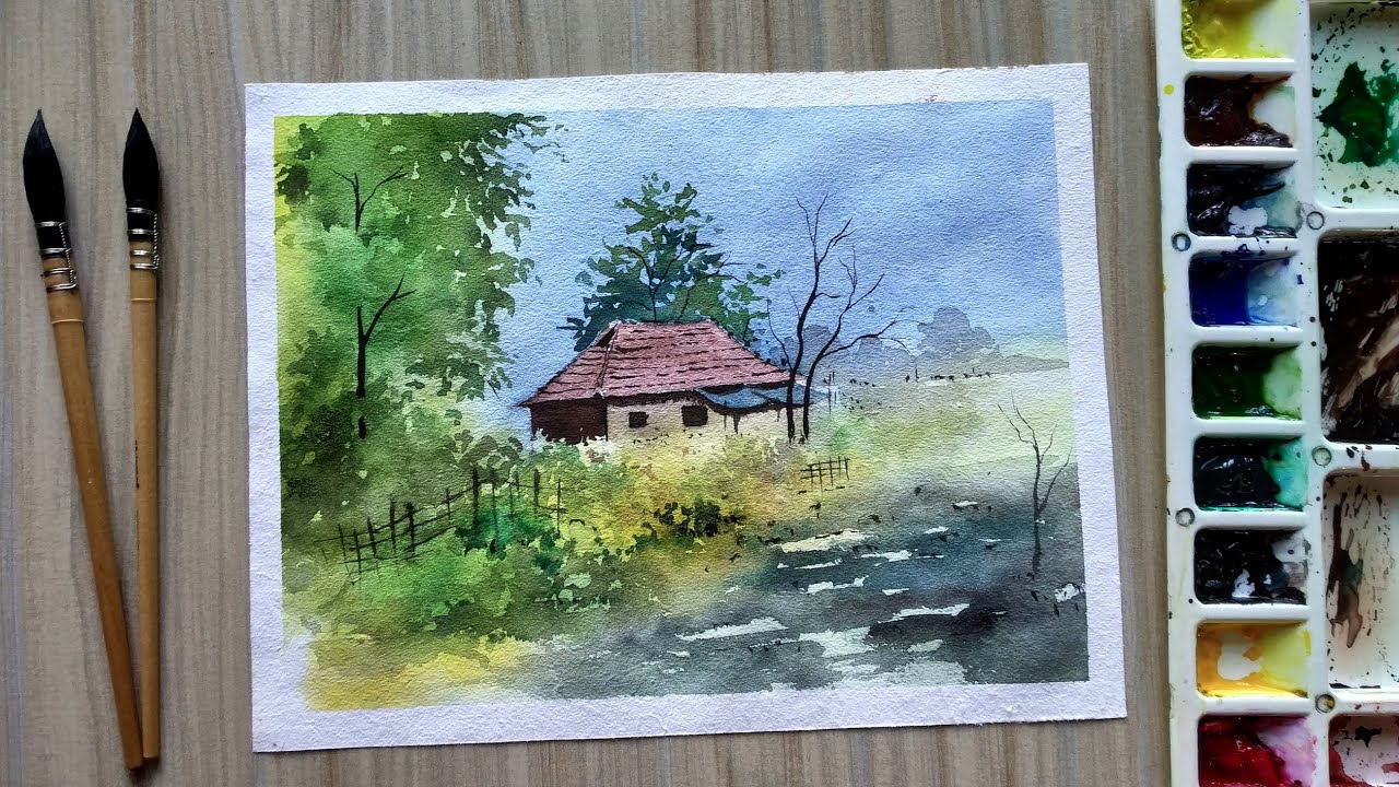 Village scenery painting | Village nature watercolor painting || Paint ...