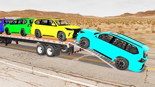 Flatbed Trailer Toyota LC Cars Transportation with Truck - Pothole vs Car #005 - BeamNG.Drive