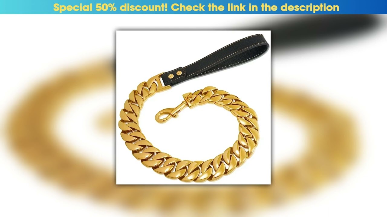 Limited Heavy Duty Dog Chain Collar and Leash SET Stainless Steel Choke Cuban Link Gold， 32mm Bulld