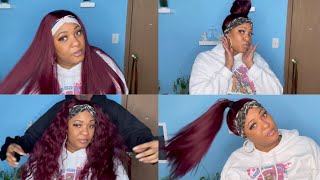 🎄VLOGMAS DAY 16 &amp; 17: BURGUNDY HEADBAND WIG STYLED 10 WAYS IN 5 MINUTES 🤯| HURELA HAIR *RELAXING*