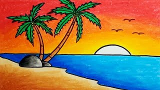 How To Draw Scenery Beach And Sunset Easy With Crayons Drawing Nature Scenery Beautiful