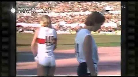 Powerful East German girls break World Record in sprint 4 × 100 metres relay. 1974 Euro Champs.