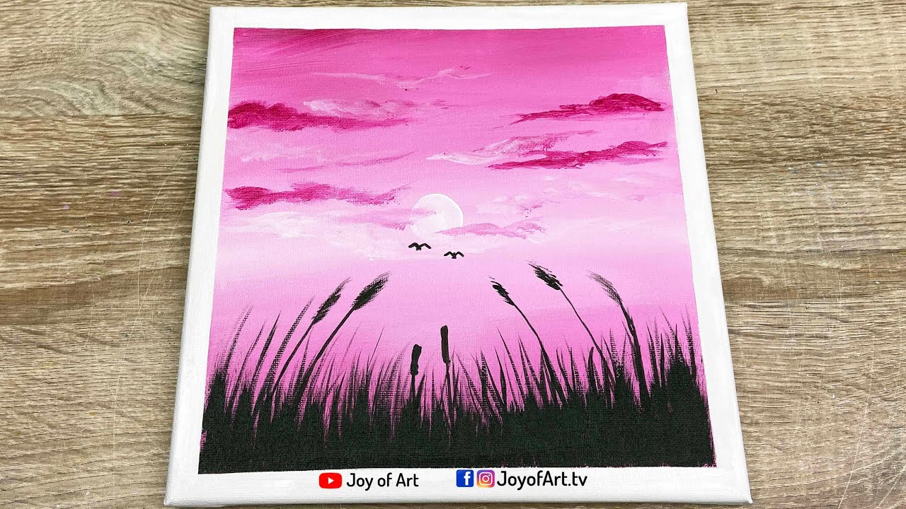 Pink Sunset, Easy Art, Acrylic Painting for Beginners