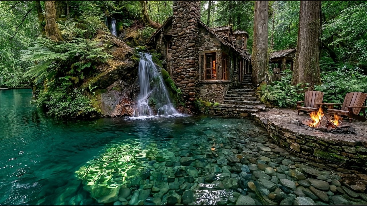 Cozy Riverside Cabin Ambience | Gentle Piano & Campfire Sounds for Relaxation