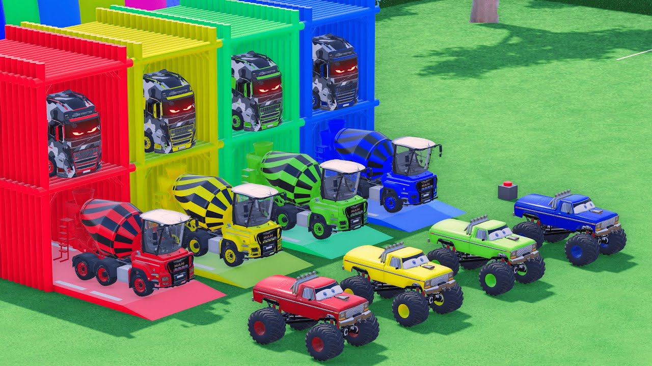 Garage with Colors - ALL MIXER TRUCK WITH DOUBLE FLATBED TRAILER TRUCK, VOLVO, MAN, MONSTER TRUCK