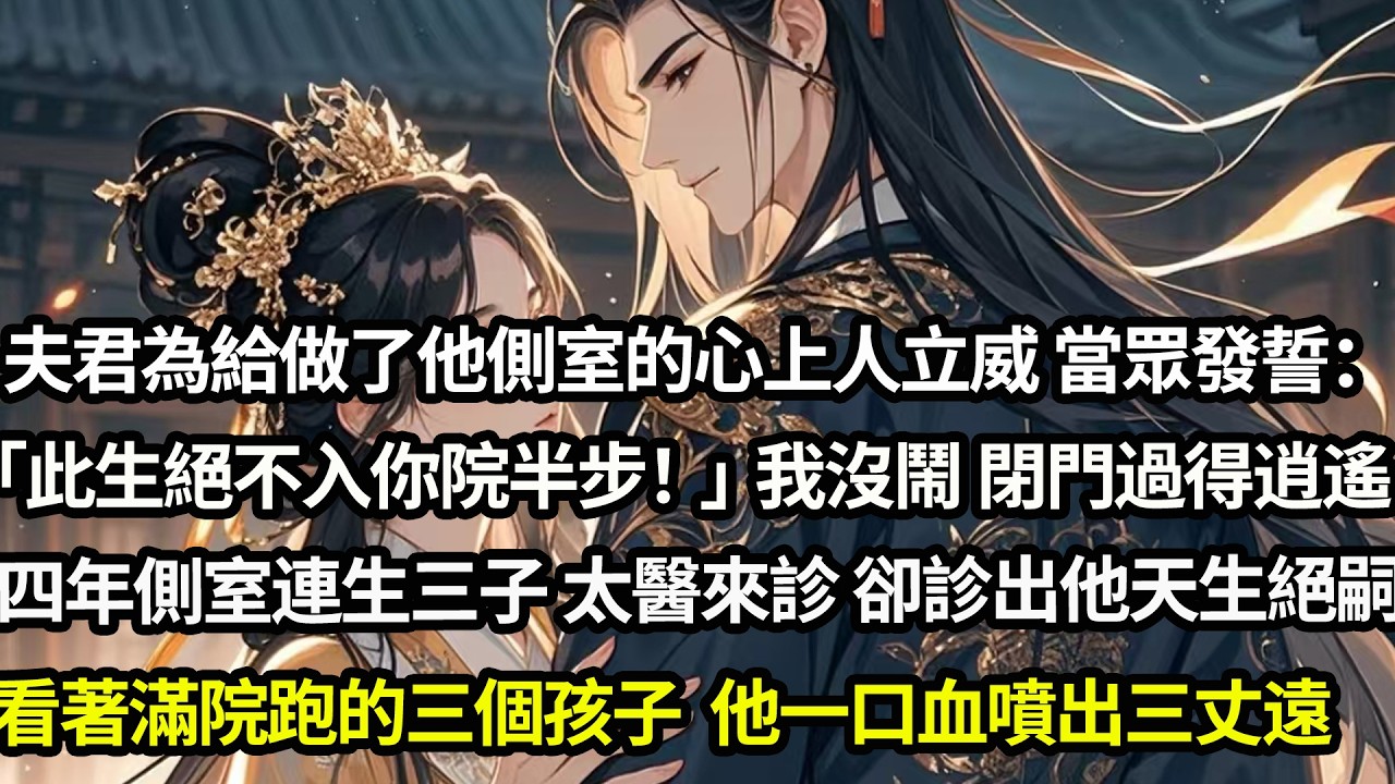 夫君為給做了他側室的心上人立威當眾發誓：「此生絕不踏入你院半步！」我沒鬧回院閉門過得逍遙，四年內側室為他連生三子，太醫來診，卻診出他天生絕嗣，看著滿院跑的三個孩子，他一口血噴出三丈遠#愛情#完結