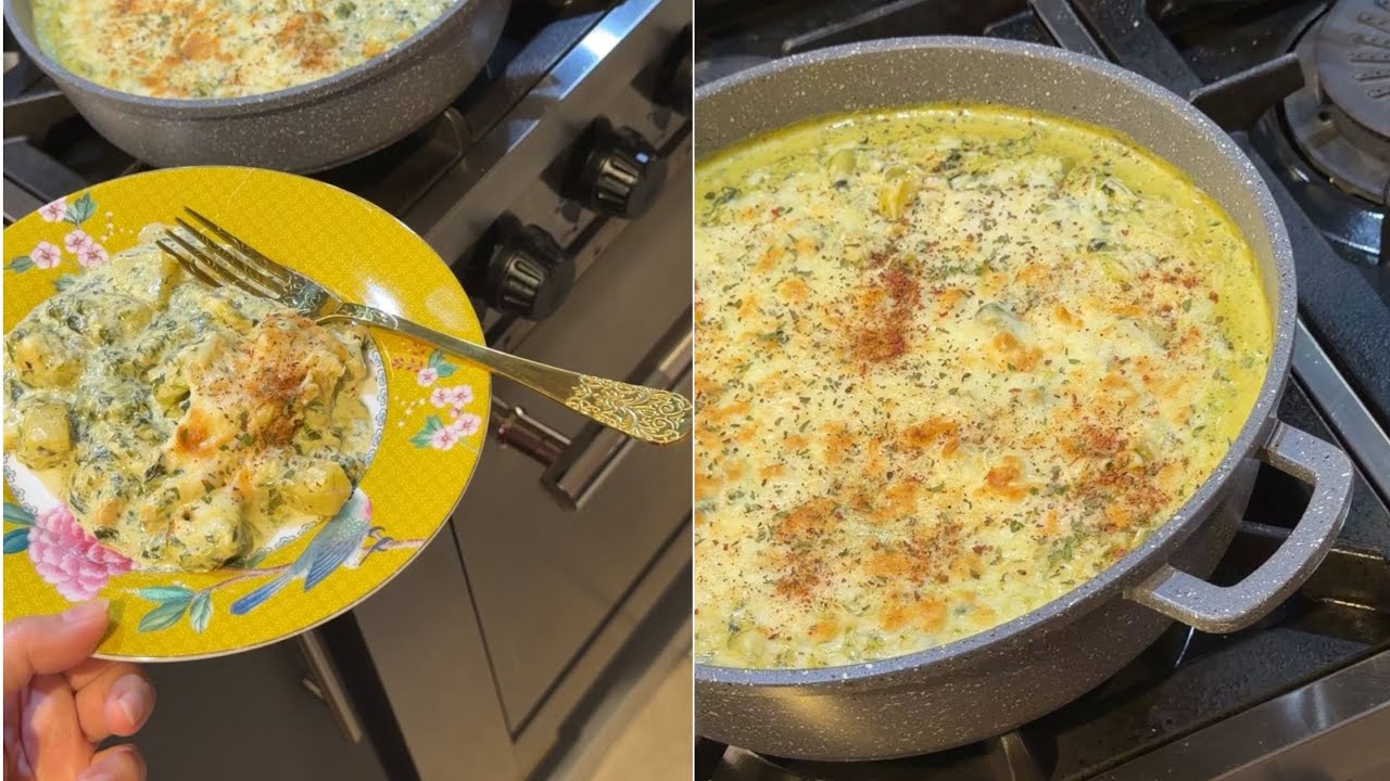 صينية دجاج بالبطاط والسبانخ والاجبان والكريمه 