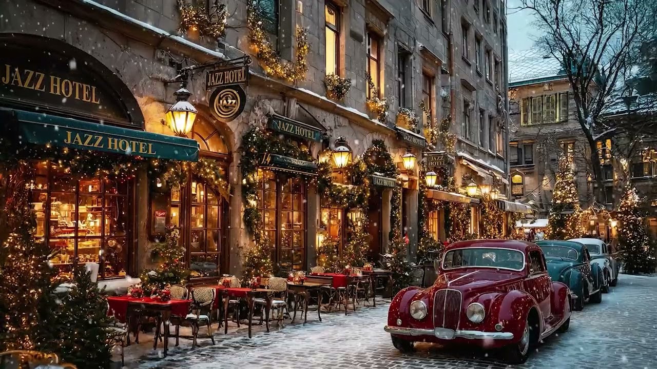 Уютный джаз в кафе на улице ⛄ Зимняя атмосфера снегопада для спокойствия и концентрации
