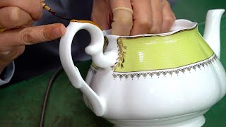 Process of Making Teapot and Teacup with Elaborate Handwork. 80 Year Old Korean Ceramic Factory