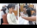 Super cute girl chops her hair at the barber shop!