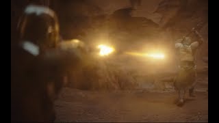 Mandalorian fights off a Trandoshan ambush, vaporising one of them