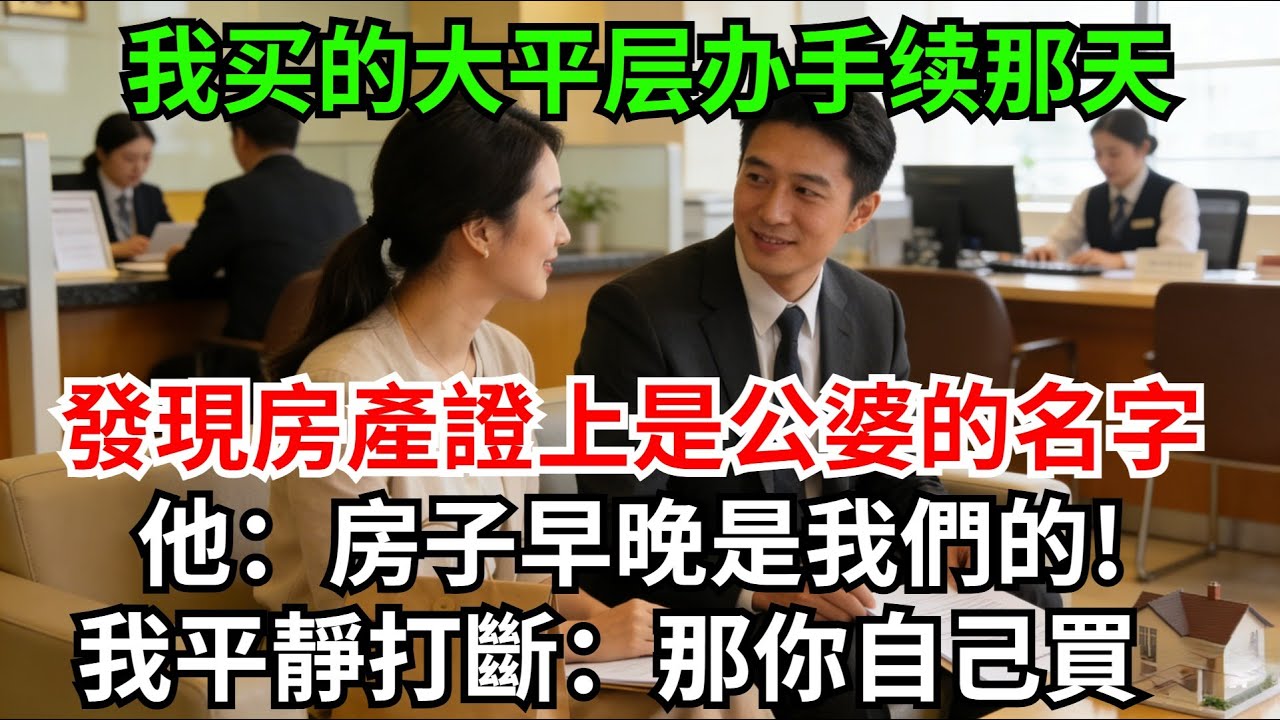 我全款買下620萬大平層，辦手續那天，發現房產證上是公婆的名字，我看向老公，他：房子早晚是我們的，媳婦你先刷卡！我平靜打斷：你自己買#完結故事#情感故事#爽文#婆媳關系#家庭生活#故事頻道#故事分享