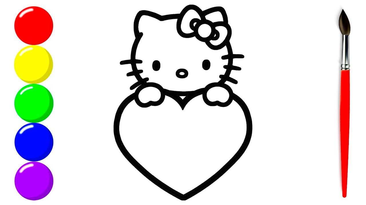 Hello Kitty drawing with love heart, How to draw Hello Kitty step by step