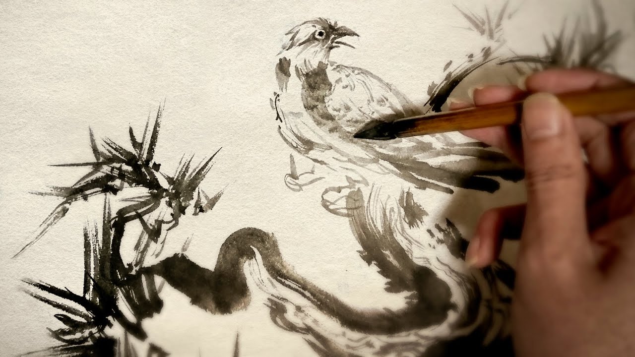 Pine and bird ] one stroke painting (inking). Happy new year video