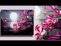 Step by Step acrylic painting on canvas for beginners | moon light night Painting | Tree of Magnolia