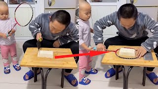 看谁切的豆腐最细最多！小米宝直接拿球拍解决，分分钟赢麻了！#Cute baby#Cute#呆萌小米宝#聪明宝宝#萌娃