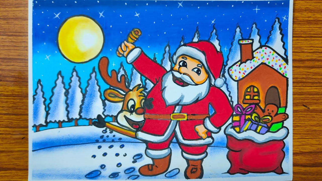 How to draw a scenery of Christmas / Scenery with Santa Claus/ Santa Claus with Reindeer