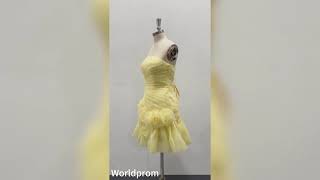 Pale Yellow Strapless Mini Dress | 3D Floral Corset Back Homecoming Dress