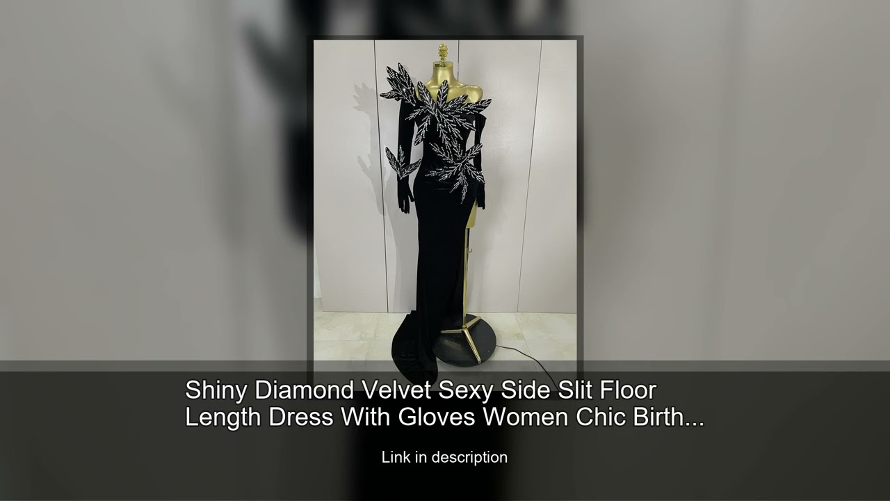 Shiny Diamond Velvet Sexy Side Slit Floor Length Dress With Gloves Women Chic Birthday Banquet