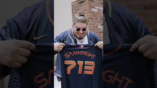 SAMKNIGHT RECEIVES HIS CUSTOM JERSEY FROM THE HOUSTON ASTROS BEFORE SINGING THE NATIONAL ANTHEM