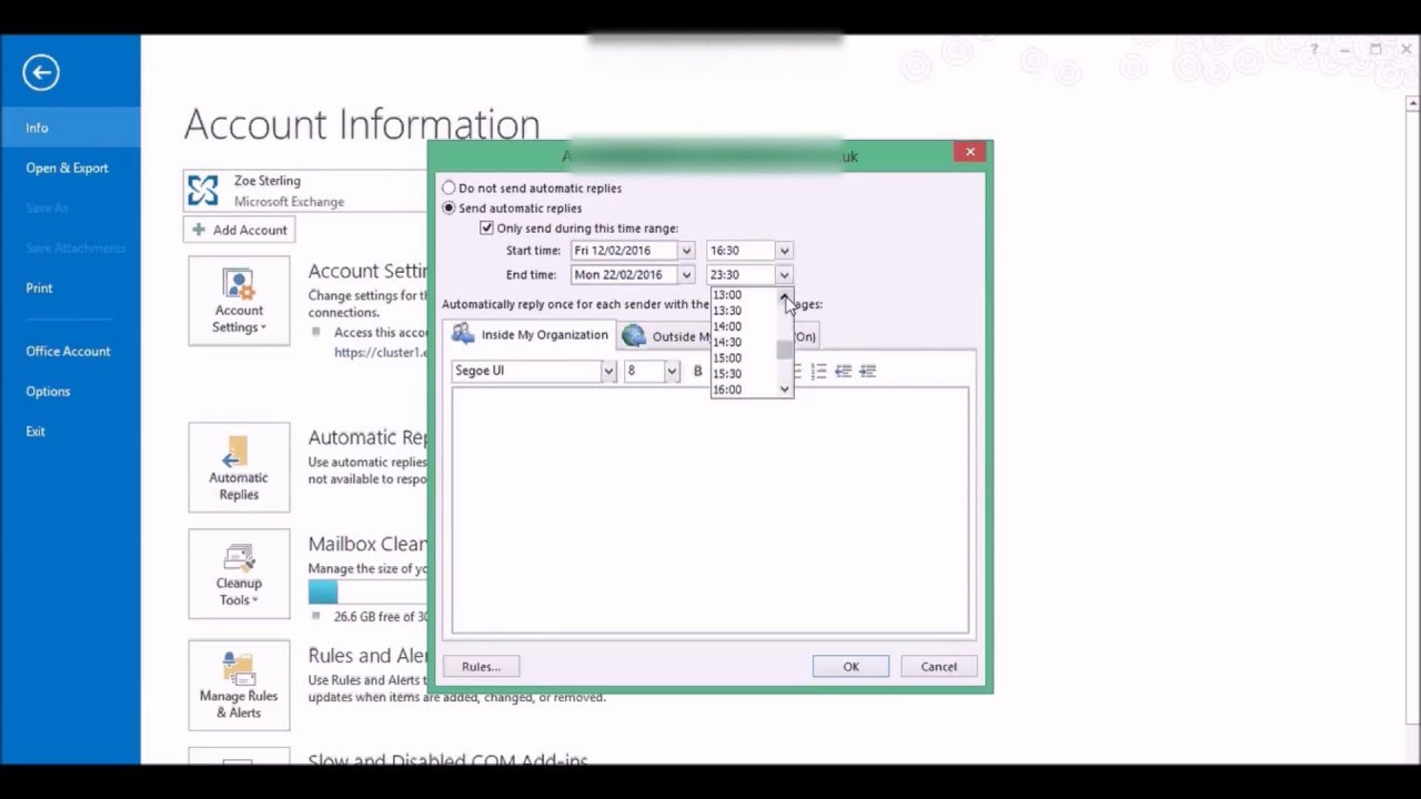 How To Add Out Of Office Reply To Outlook 2013 2016 Email YouTube