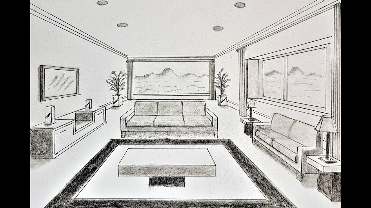 How To Draw A Living Room One Point