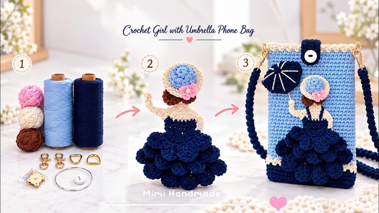 Móc Túi Điện Thoại Cô Gái Cầm Ô ☂️ Crochet Girl with Umbrella Phone Bag