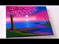 How to paint cherry blossom tree at moonlight  landscape painting  paint night at home