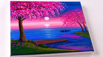 How to Paint Cherry Blossom Tree at Moonlight | Landscape Painting | Paint night at home