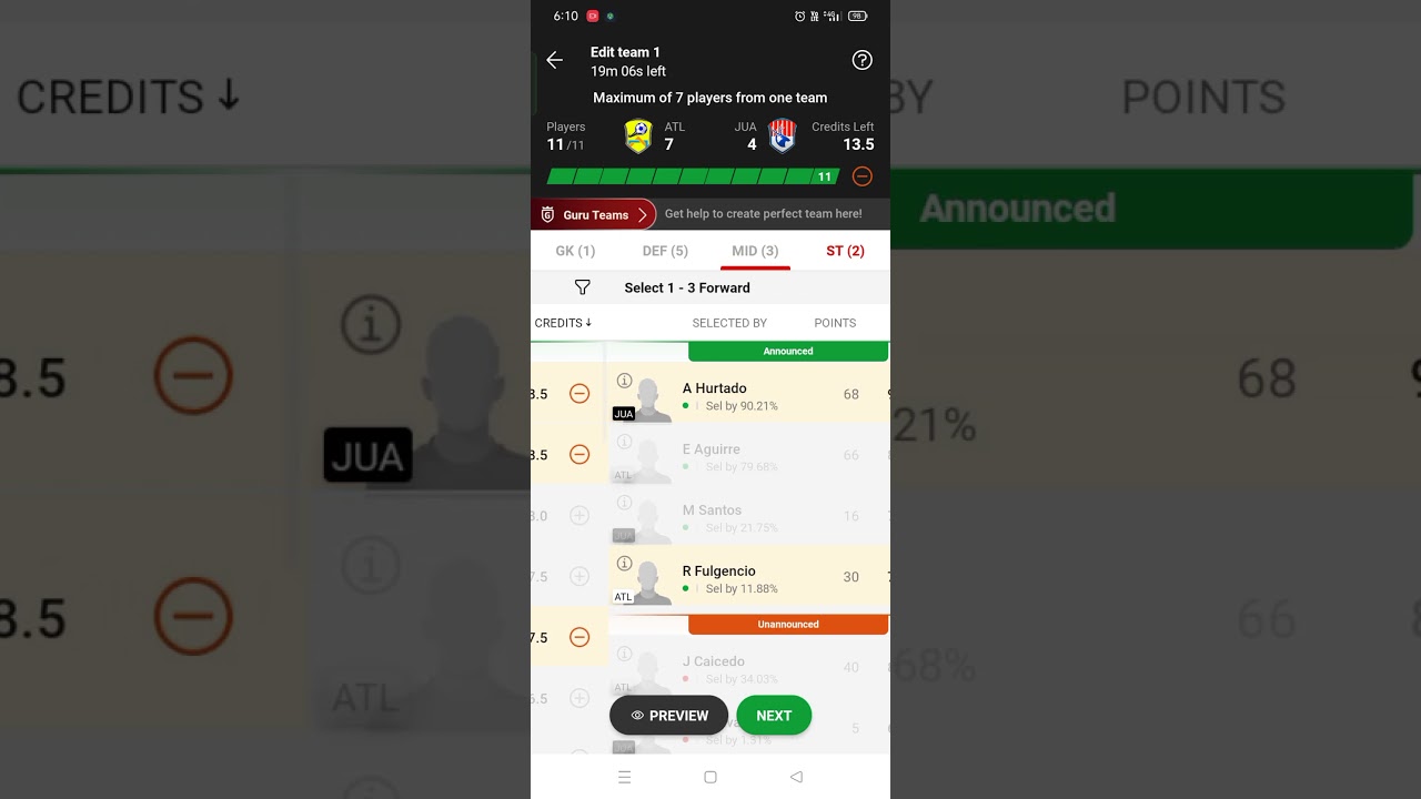 ATL vs JUA Football team Dreem 11 Final team 