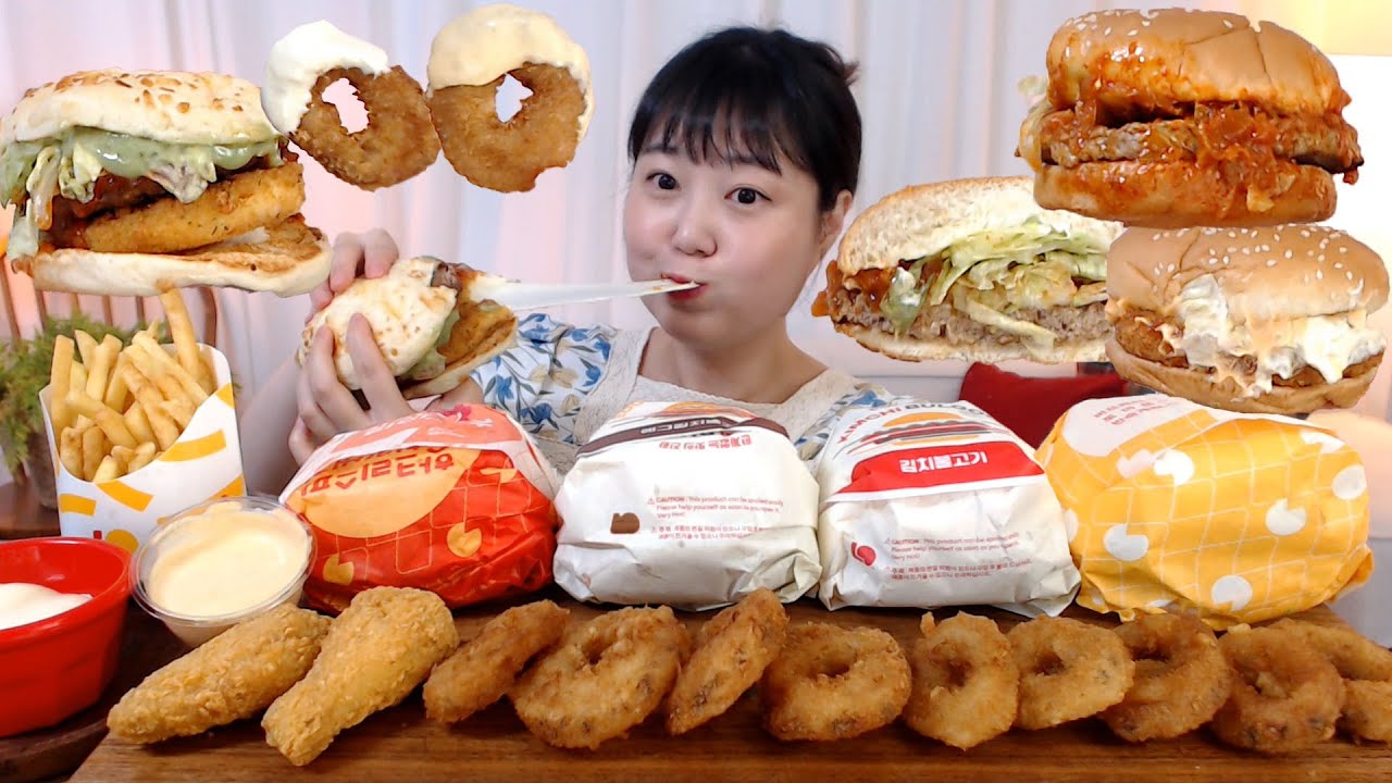 롯데리아 신메뉴 김치불고기버거 모짜렐라버거 새우버거 오징어링 핫윙 먹방 Kimchi Bulgogi Burger Cheese and Shrimp Koreanfood Mukbang