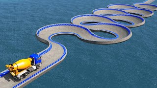 Impossibe Spiral Snake Shape Bridge Crossing Cars Vs Deep Water Rescue - BeamNG.Drive
