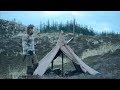 Solo bushcraft overnight - wood stove, canvas tent, feather sticks