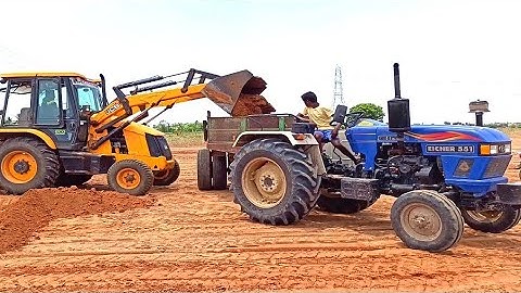 Eicher 551 50hp Range power plus tractor with loaded trolley pulling JCB 3dx | John Deere tractor|