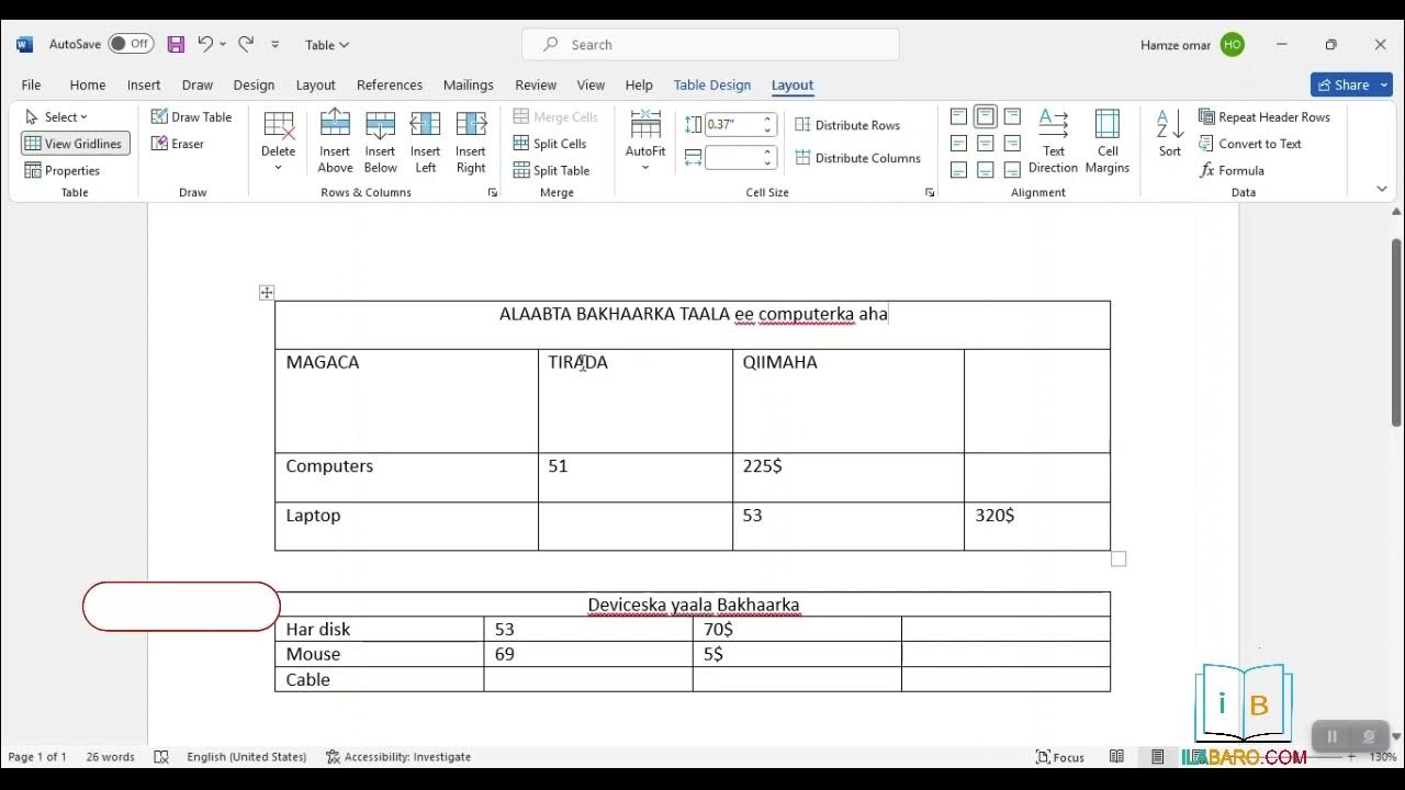 Barashada Ms Word 2021 Casharka 12aad Table cells size, alignement