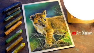 Cute Lion Cub Drawing with Oil Pastel for Beginners- STEP by STEP