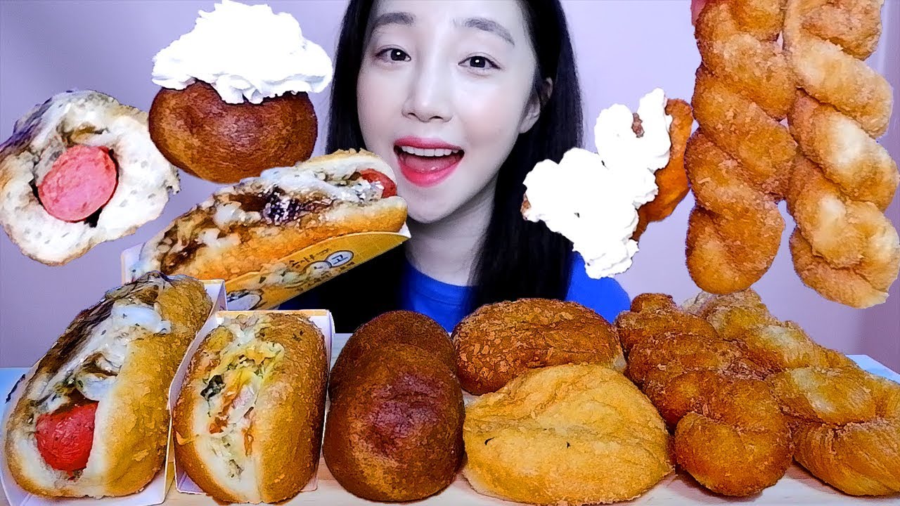 ASMR 찹쌀도넛, 꽈배기 위에 생크림 듬뿍~ 피자고로케, 슈크림고로케, 핫도그까지! 리얼사운드 먹방 [송사부 수제쌀 고로케] Bread Mukbang パン