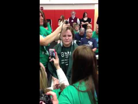 Cheyenne Shaves head for St. Baldricks Day, crying.