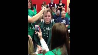 Cheyenne Shaves head for St. Baldricks Day, crying.