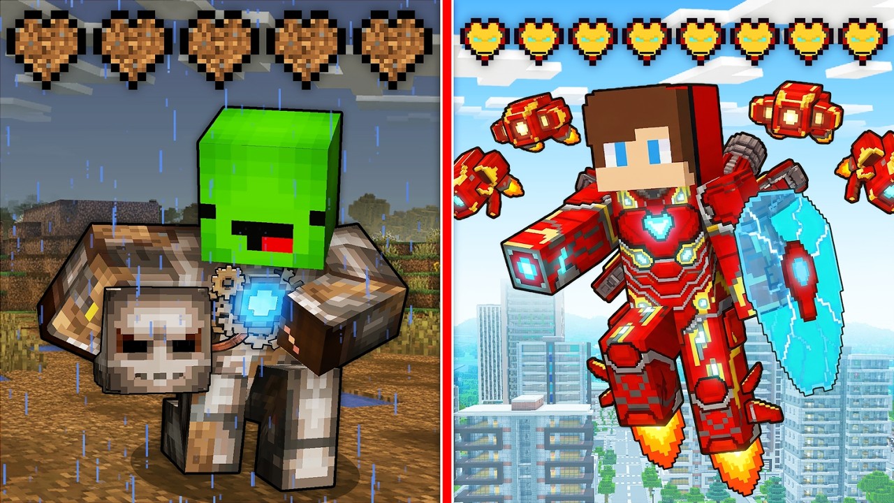 JJ and Mikey: POOR IRON-MAN HEART vs RICH IRON-MAN HEART! Survival Battle! - Maizen Minecraft