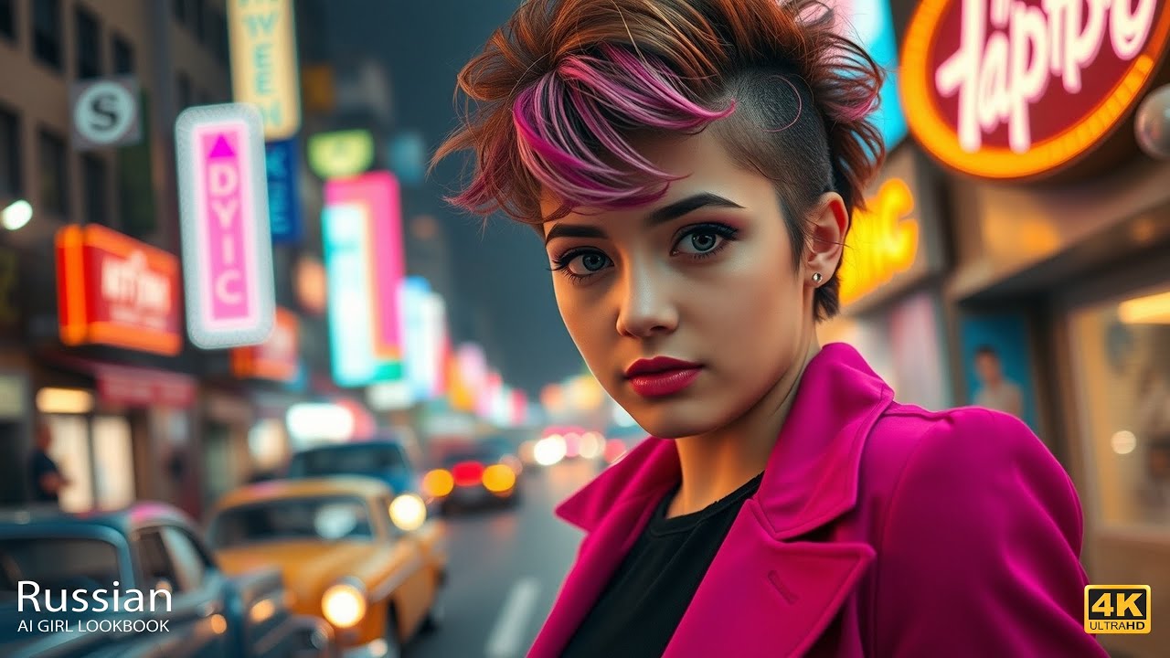 Лукбук с 4K AI Art: эффектная женщина в стиле 80-х в пурпурном блейзере с неоновым городским свеч...