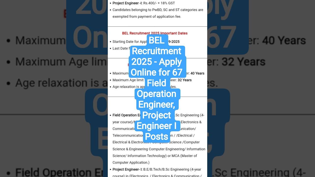 BEL Recruitment 2025 - Apply Online for 67 Field Operation Engineer, Project Engineer I Posts