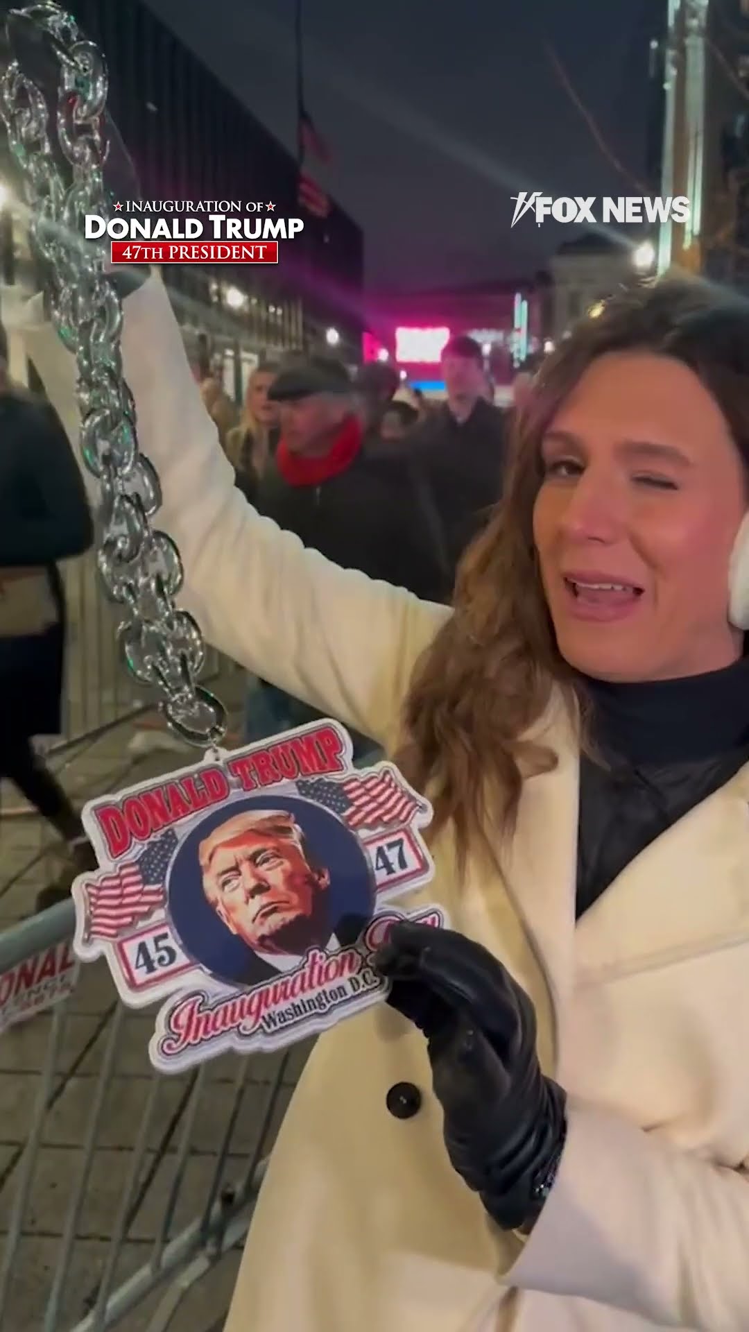 Alexis McAdams shows off Trump merchandise outside MAGA rally