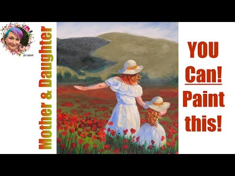 Mother and Daughter in Poppies Painting in acrylic step by step