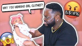 PUTTING GIRL CLOTHES ON BABY BOY PRANK! *DAD GETS ANGRY!!!*