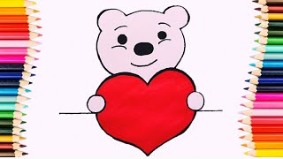 رسم للأطفال/ رسم دب الباندا كيوت يحمل قلب / رسومات سهلة كيوت للمبتدئين draw cute bear holding heart