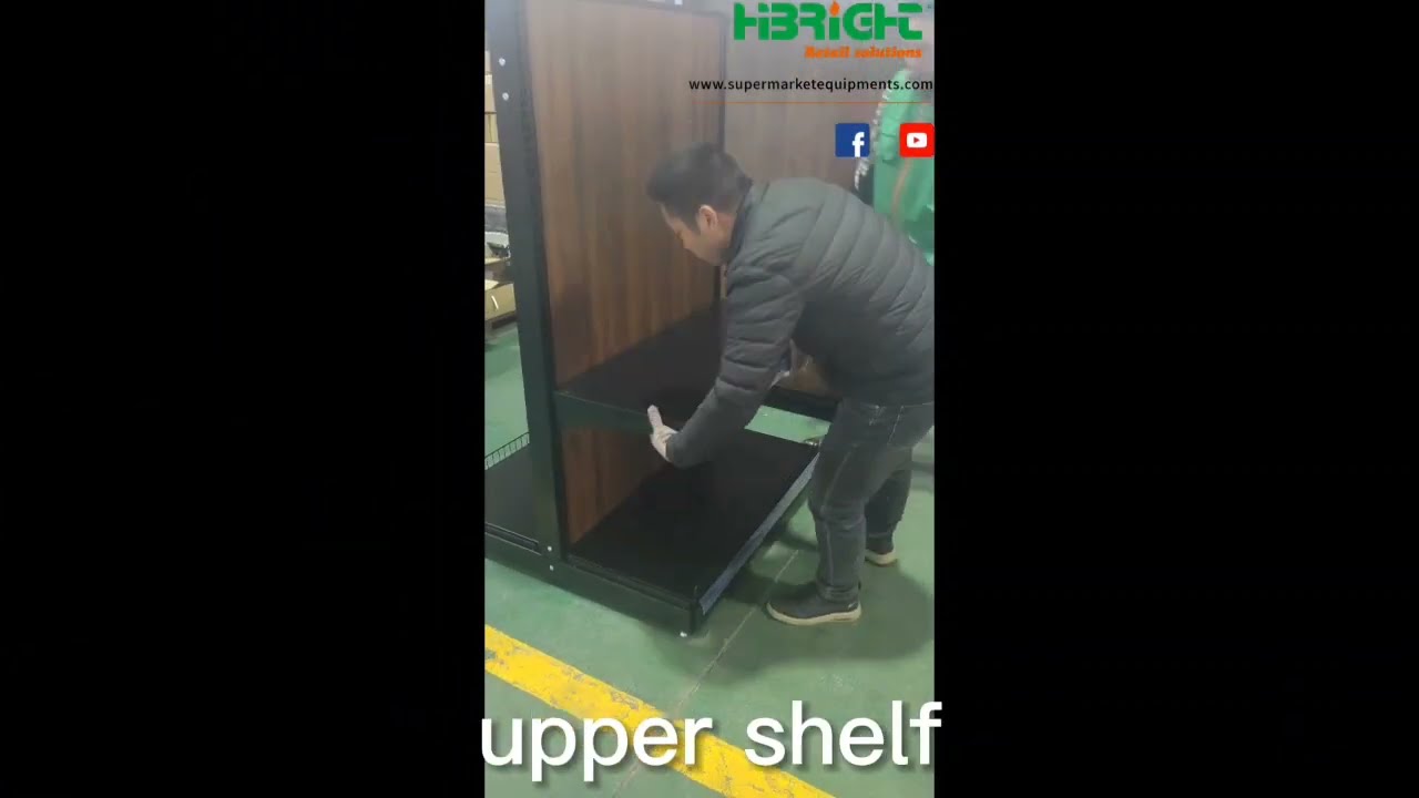 Installation of Wooden Gondola Display Shelf，whatsapp:8613962299786