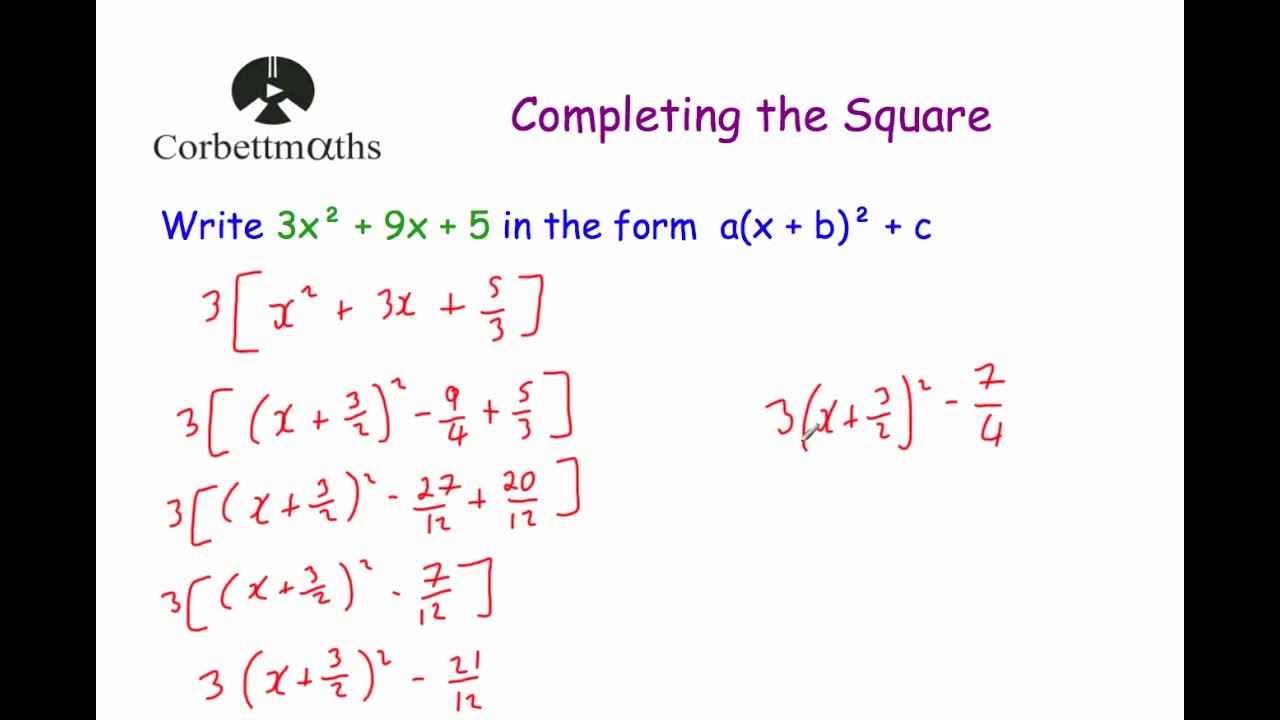 Completing The Square 2 Corbettmaths Youtube